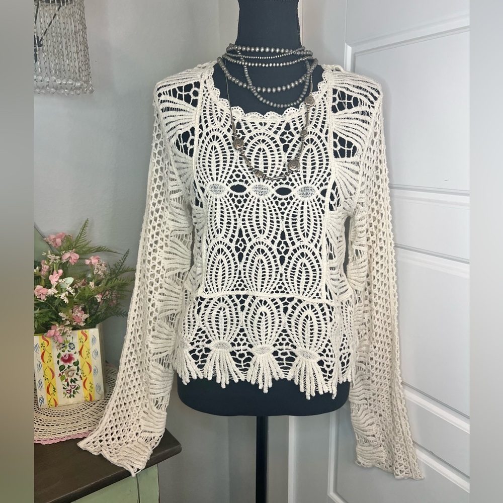 Rebellion Cream Crochet Boho Western Hippie Blouse Sz S Cottage Core Shabby Chic